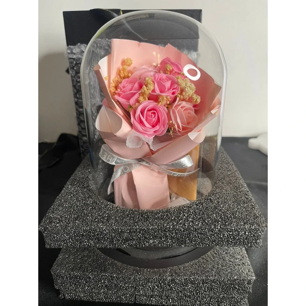 Preserved‎ Pink Soap Rose Bouquet in Glass Dome with LED Lights and Gift Box